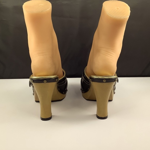 NWOT Fashion Bug Dinah Black Faux Leather Wood Platform Clog Heels 7.5 - Picture 14 of 16